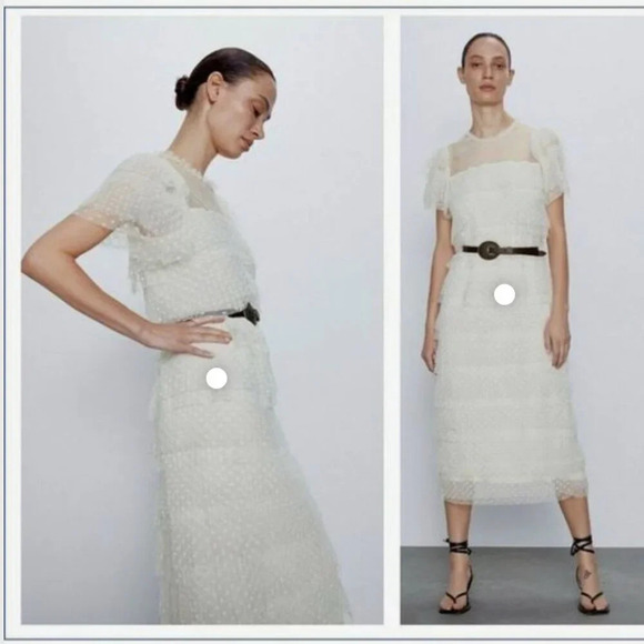 Zara ruffled tulle dress midi size sheer cream‎ polka dot S - Picture 12 of 12